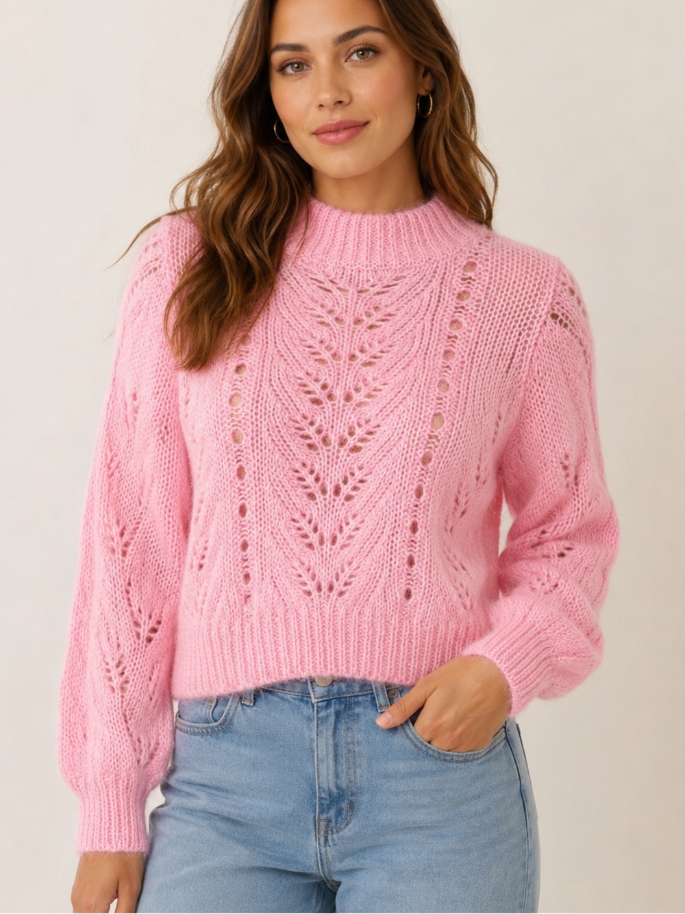 H&M wool alpaca acrylic blend Pink Openwork Cable Knit Turtleneck Sweater S